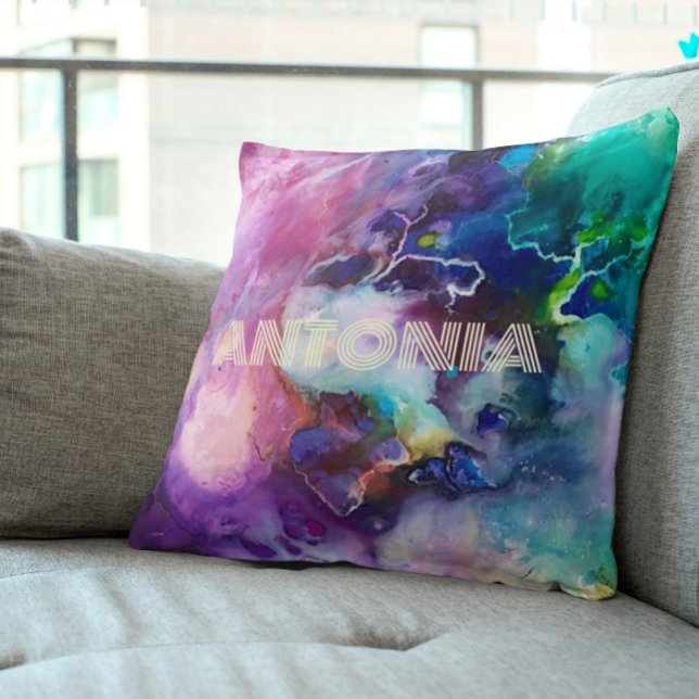 Cojín Decorativo Acuarela Arcoiris Nombre Personalizable Brillante (Subido por el creador)