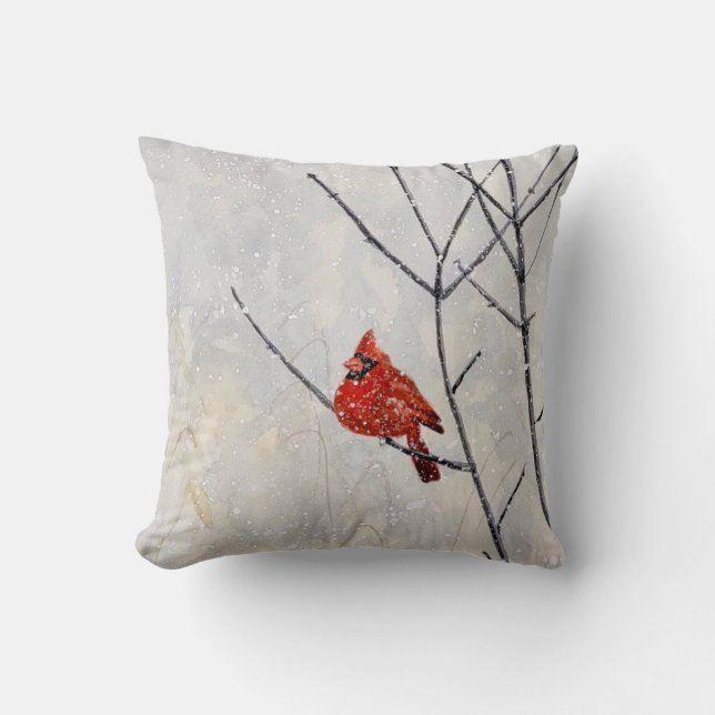Cojín Decorativo acuarela arte tirando almohada, cardenal en la nie (Anverso)