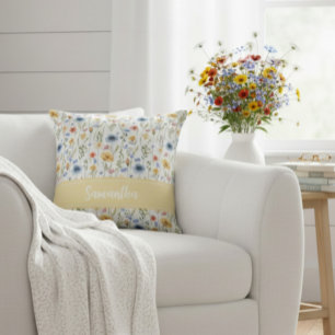 Cojín Decorativo Acuarela Boho Azul Amarillo Rosa Flor Silvestre