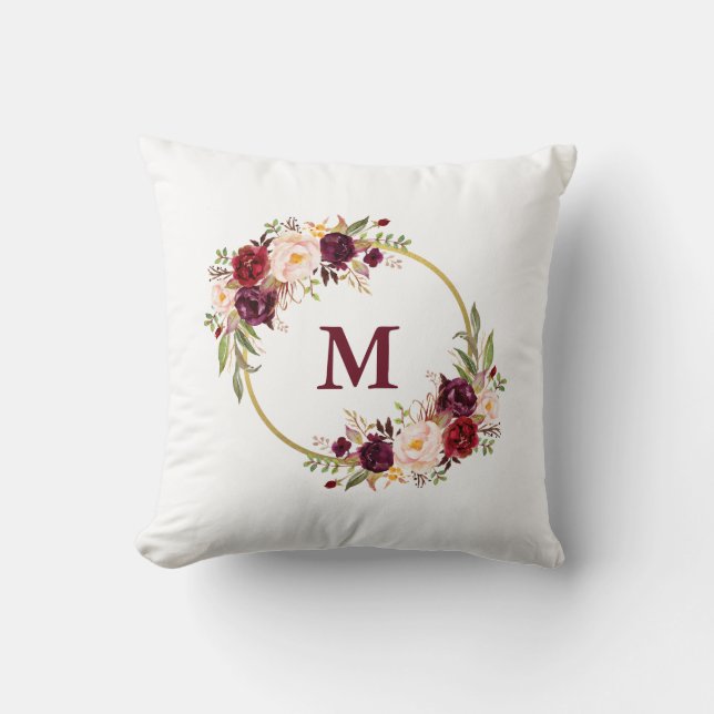 Cojín Decorativo Acuarela Burgundy Floral Gold Monograma (Anverso)