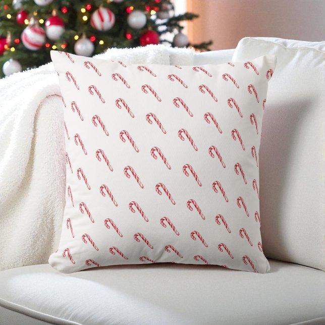 Cojín Decorativo Acuarela Candy Cane Blanco Moderno Festividad Roja (Watercolor Candy Cane White Modern Red Festive Throw Pillow)