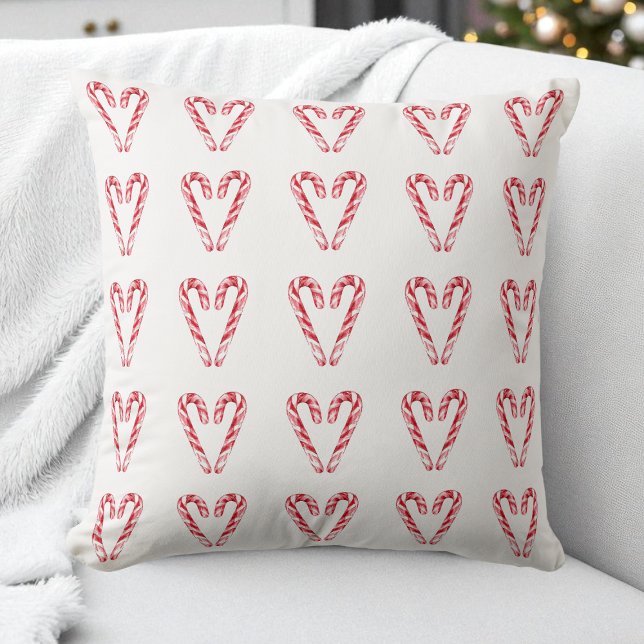 Cojín Decorativo Acuarela Candy Cane Festividad Roja y Blanca (Watercolor Candy Cane Heart Red and White Holiday Throw Pillow)