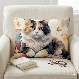 Cojín Decorativo Acuarela caprichosa Calico Cat y mariposas