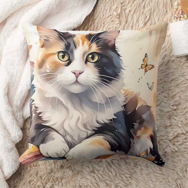 Cojín Decorativo Acuarela caprichosa Calico Cat y mariposas (Manta)