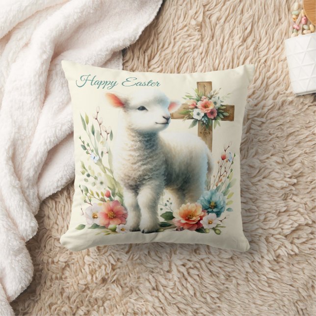 Cojín Decorativo Acuarela Cordero de Pascua Personalizada (Manta)