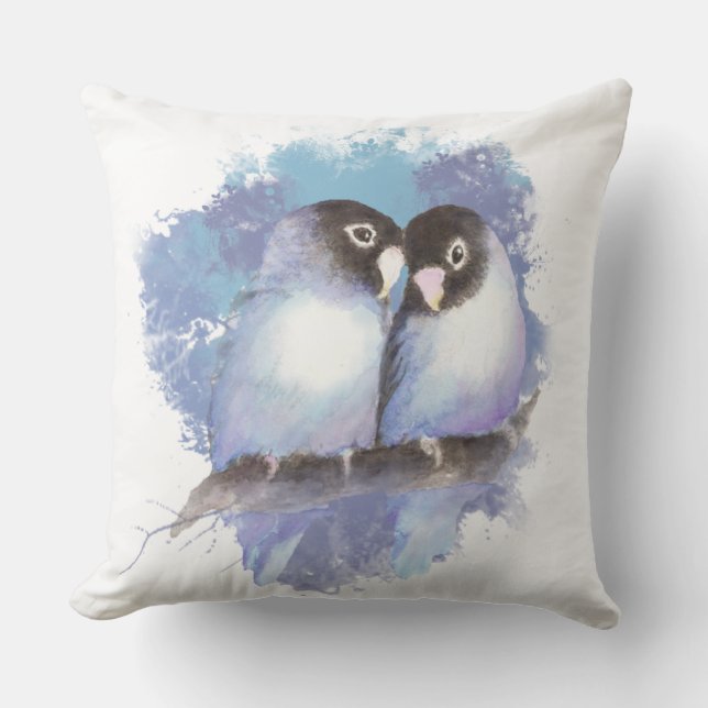 Cojín Decorativo Acuarela Cudddddling Blue Lovebirds Bird Art (Anverso)