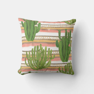 Cojín Decorativo Acuarela de cactus, fondo de rayas, patrón sin fis