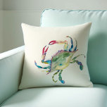 Cojín Decorativo Acuarela De Cangrejo Azul De Maryland Costera<br><div class="desc">Muestra tu amor por tu casa en la playa del océano con mi personalizado lanzando almohada. Mostrado con mi cangrejo acuático original en tonos rojos, turquesa, azul y verde sobre un fondo de marfil neutro. El reverso es un color azul marino de cortesía diseñado para coordinar con mi funda de...</div>
