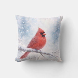 Cojín Decorativo Acuarela de Cardenal Rojo de Invierno