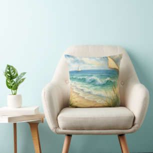 Cojín Decorativo Acuarela de costa y velero
