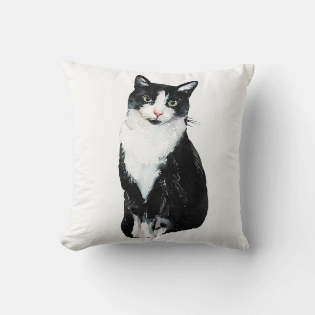 Cojín Decorativo Acuarela de gato negro y blanco gitano (Anverso)