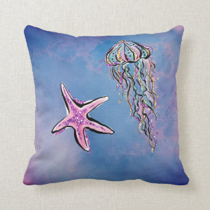 Cojín Decorativo Acuarela de la playa del extracto de los pescados