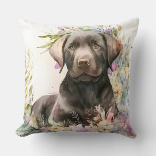 Cojín Decorativo Acuarela de Labrador Retriever marrón y flores