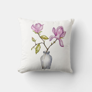Cojín Decorativo Acuarela de Magnolia Rosa Elegante en Jarrón de Vi
