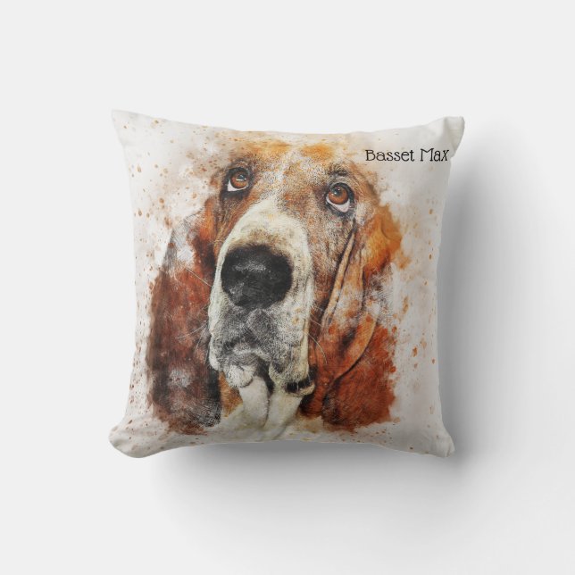 Cojín Decorativo Acuarela de moda Basset Hound personalizado (Anverso)
