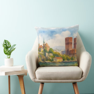 Cojín Decorativo Acuarela de Oslo Noruega, Arte de paisaje urbano e