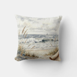 Cojín Decorativo Acuarela de playa oceánica con papel curvado