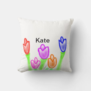 Cojín Decorativo Acuarela de tulipanes coloridos con texto de nombr