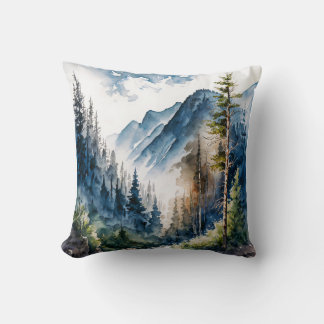 Cojín Decorativo Acuarela del paisaje de los bosques de montaña