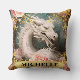 Cojín Decorativo Acuarela Dragón Blanco Vintage y Rosas Rosadas