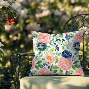Cojín Decorativo Acuarela Elegante Rosa Azul Floral Interior Exteri