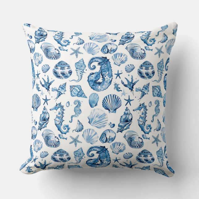 Cojín Decorativo Acuarela esbozada en detalle de conchas azules de  (Anverso)