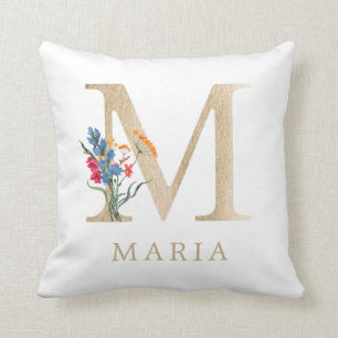 Cojín Decorativo Acuarela Flor Silvestre de Primavera Letra Falsa d