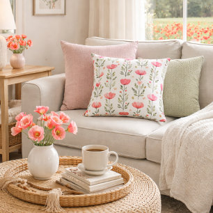 Cojín Decorativo Acuarela Floral Amapola Rosa Coral
