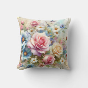 Cojín Decorativo acuarela floral en tonos pastel suaves