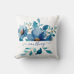Cojín Decorativo Acuarela floral personalizada azul brillante 