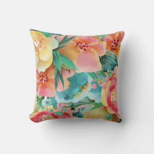 Cojín Decorativo Acuarela Floral Rosa Amarillo Turquesa Primavera