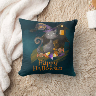 Cojín Decorativo Acuarela Gato negro con caramelos, Halloween