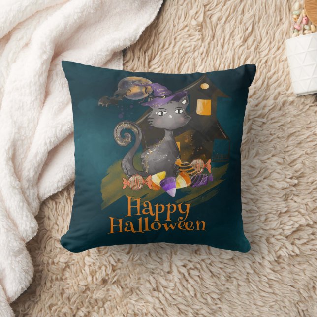Cojín Decorativo Acuarela Gato negro con caramelos, Halloween (Manta)