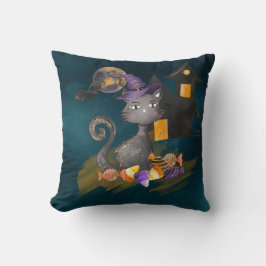 Cojín Decorativo Acuarela Gato negro con caramelos, Halloween