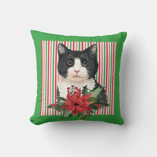 Cojín Decorativo Acuarela Gato negro y blanco y Poinsettia (Anverso)