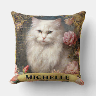 Cojín Decorativo Acuarela Gatos Blancos Vintage y Rosas Rosadas