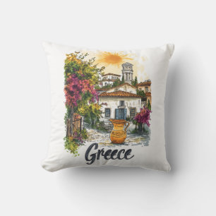 Cojín Decorativo Acuarela Grecia: Escena de aldea con flores