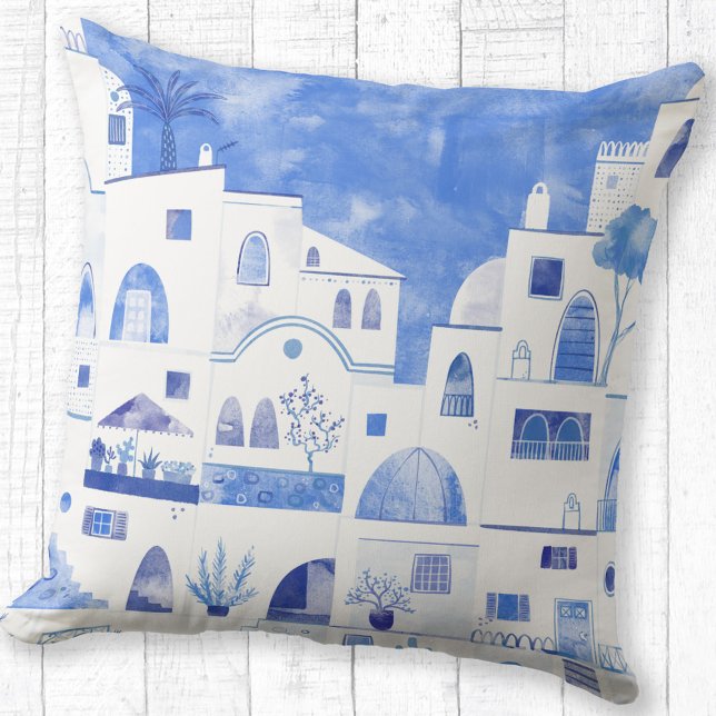Cojín Decorativo Acuarela griega de Santorini (Oia Santorini watercolor art blue and white throw pillow)