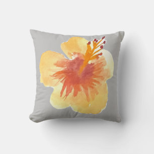 Cojín Decorativo Acuarela Hawaii Hibiscus Floral amarilla y gris