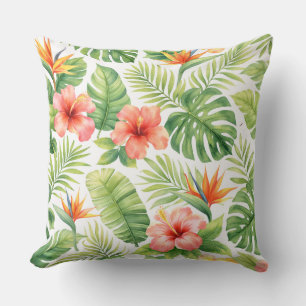 Cojín Decorativo Acuarela Hibisco Tropical y Ave del Paraíso