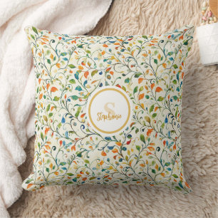 Cojín Decorativo Acuarela Jardín Europeo Verde Naranja