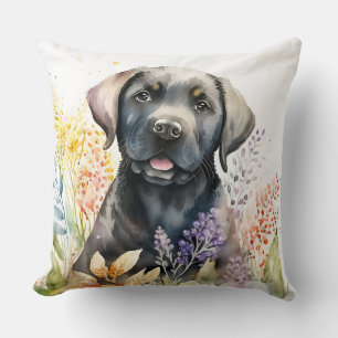Cojín Decorativo Acuarela Labrador Negro Recuperador y Flores