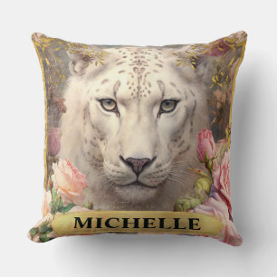 Cojín Decorativo Acuarela Leopardo Blanco Vintage y Rosas Rosadas