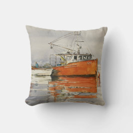 Cojín Decorativo Acuarela Maine Pescador Bote Océano Naranja Gris