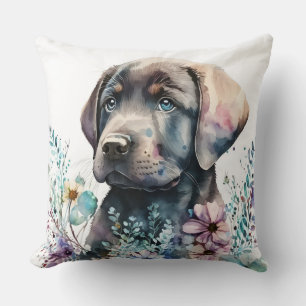 Cojín Decorativo Acuarela marrón Labrador Recuperador y Flores