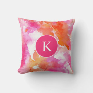 Cojín Decorativo Acuarela Monograma Rosa Naranja Abstracto