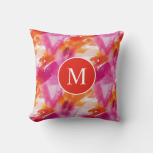 Cojín Decorativo Acuarela Monograma Rosa Naranja Abstracto