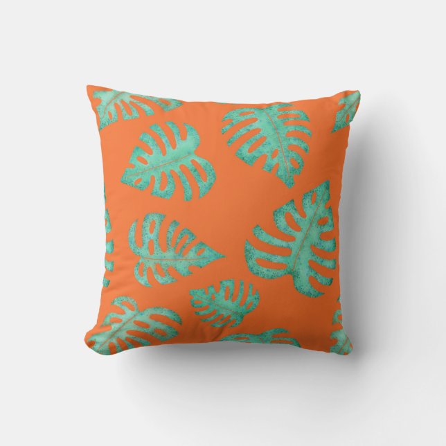 Cojín Decorativo Acuarela Monstera deja a Naranja (Anverso)