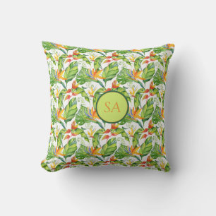 Cojín Decorativo Acuarela Monstruo Verde Tropical y hojas Naranjas