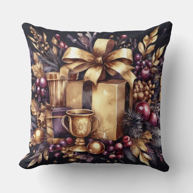 Cojín Decorativo Acuarela morado y dorado motivo de vacaciones (Anverso)